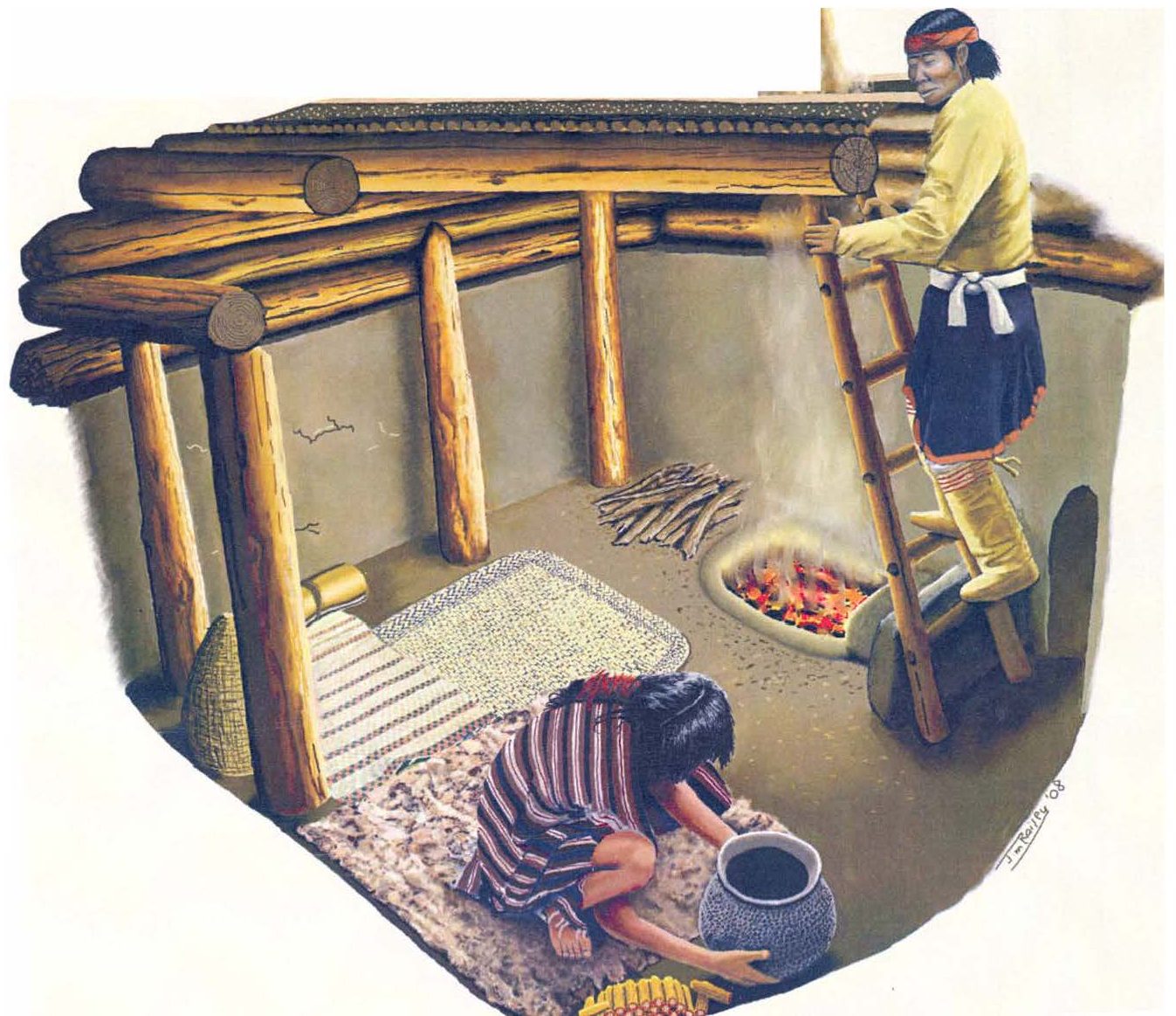 Artist's reconstruction of a Hokona pithouse interior and daily activities.